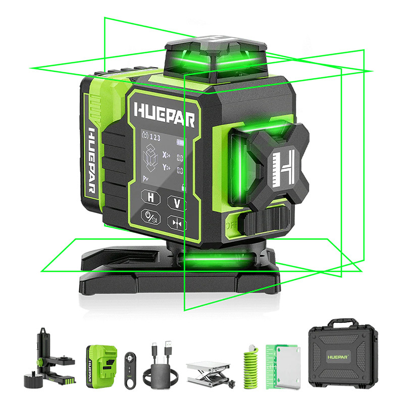 Huepar W04CG 4D lāzera līmeņrādi ar rotācijas pamatni un akumulatoru