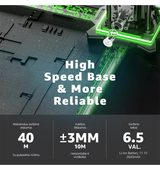 Huepar W04CG 4D lāzera līmeņrādi ar rotācijas pamatni un akumulatoru