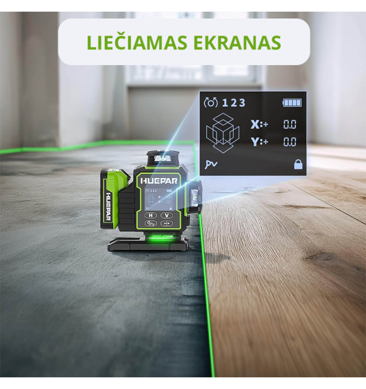 Huepar W04CG 4D lāzera līmeņrādi ar rotācijas pamatni un akumulatoru