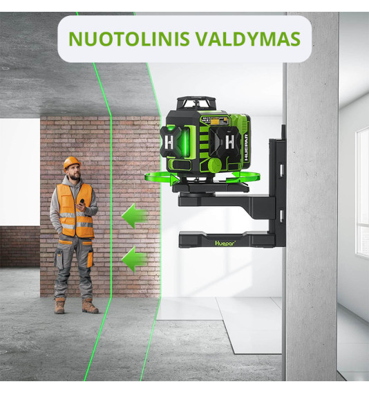 Huepar W04CG 4D lāzera līmeņrādi ar rotācijas pamatni un akumulatoru