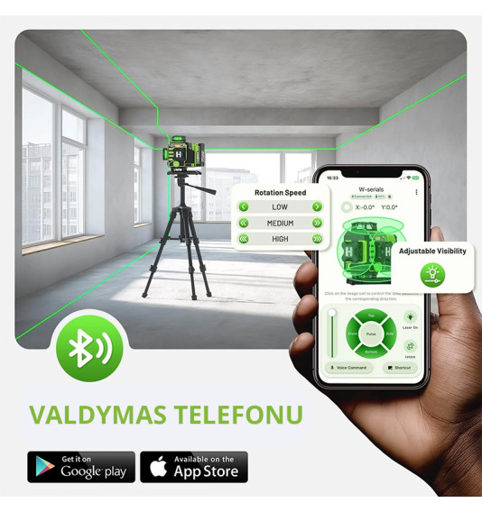 Huepar W04CG 4D lāzera līmeņrādi ar rotācijas pamatni un akumulatoru